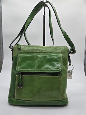 Giani Bernini Green Leather Crossbody Shoulder Bag With Multiple Zipper Pockets